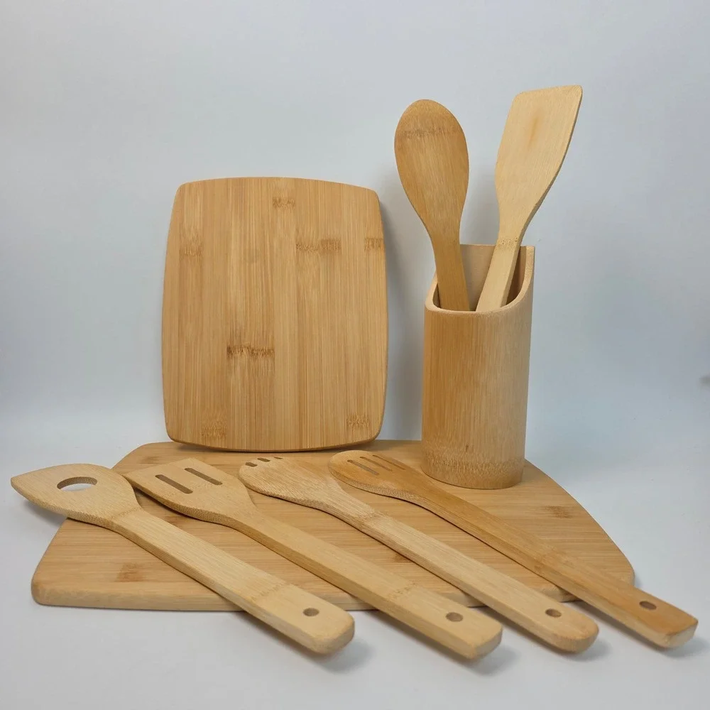 9pc Bamboo Cutting Board and Utensil Set with Holder Natural Wood Kitchen Tools